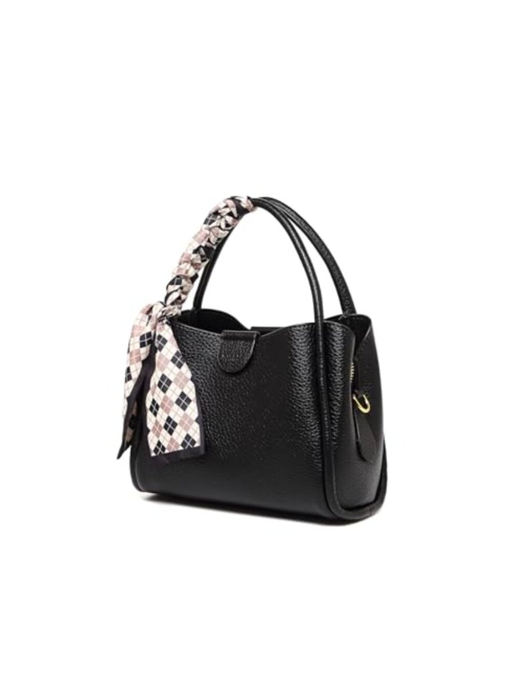 Genuine Leather Bucket Bag with Silk Scarf Top Handle Adjustable Strap Elegant
